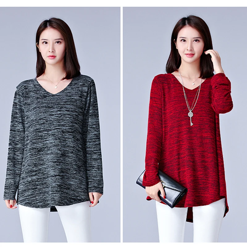 Vintage Women Basic Tee Shirt New 2019 Spring Long Sleeve V-Neck Female Medium Tops Bigsweety |