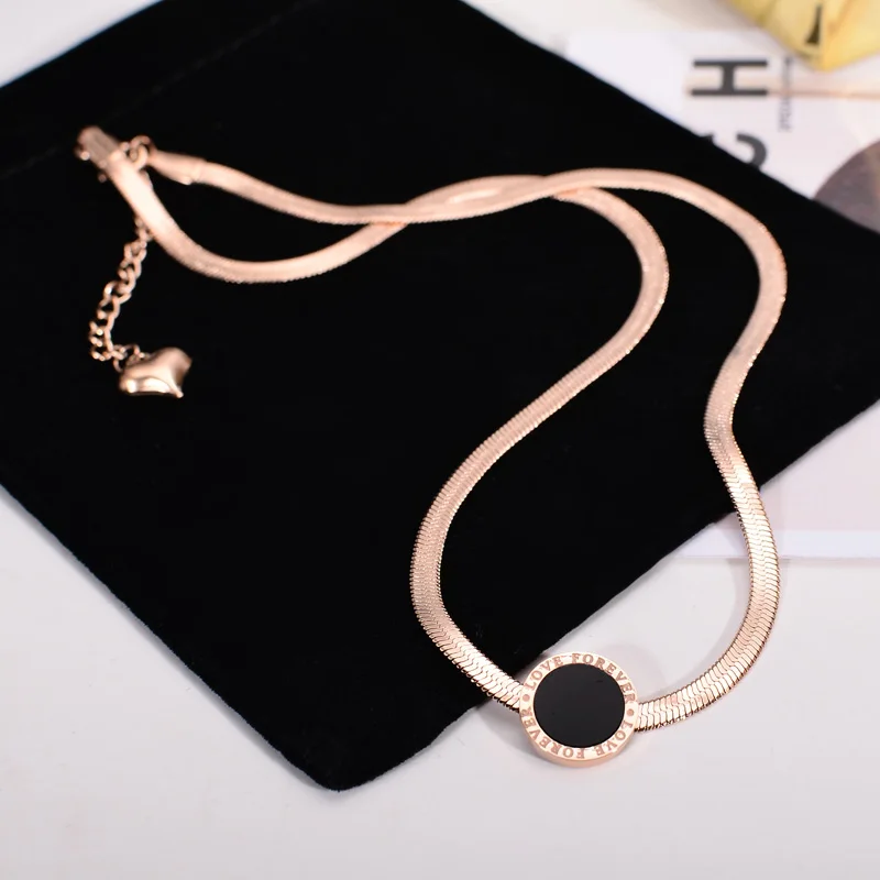 

YUN RUO 2019 Hot Sell Rose Gold Color Black Round Choker Necklace Snake Chian Fashion Titanium Steel Woman Jewelry Never Fade