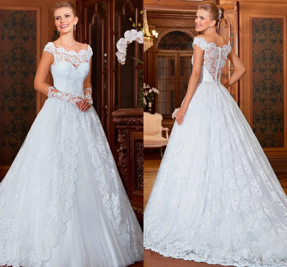 

2015 Wedding dresses top Luxurious High Quality Custom Made A-Line Lace Wedding gown Vestido de noiva Court Train