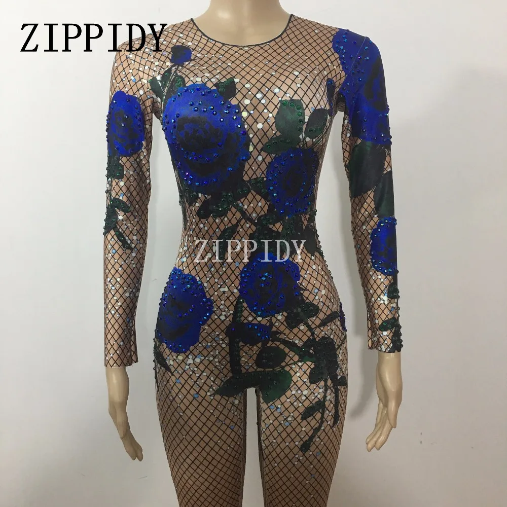 Fashion Blue Rose Flower Printed Colorful Rhinestones Bodysuit Performance Party Birthday Celebrate Shining Costume Dance Wear | Женская