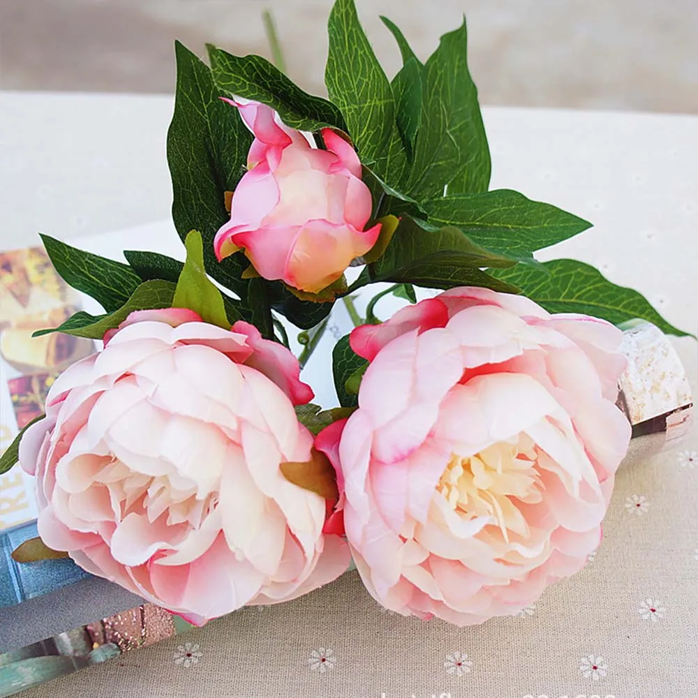 Искусственные шелковые цветы пиона с изображением зеленых листьев и свадебный