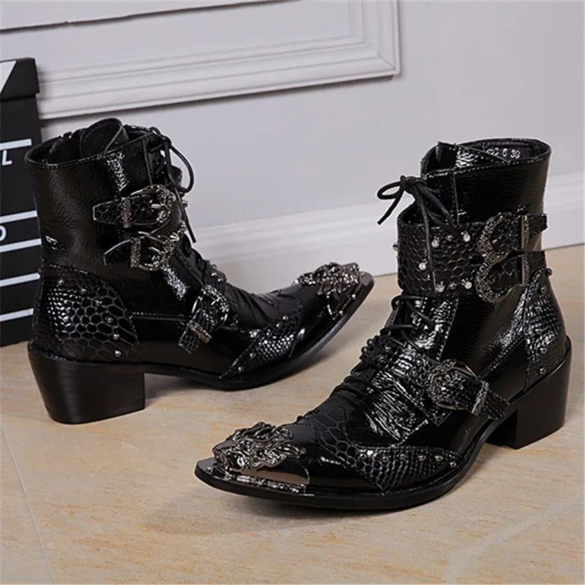 

Мужские ботинки Batzuzhi в стиле рок на высоком каблуке 6,5 см, мотоциклетные байкерские ботинки в стиле панк, мужские мотоциклетные ботинки на ш...