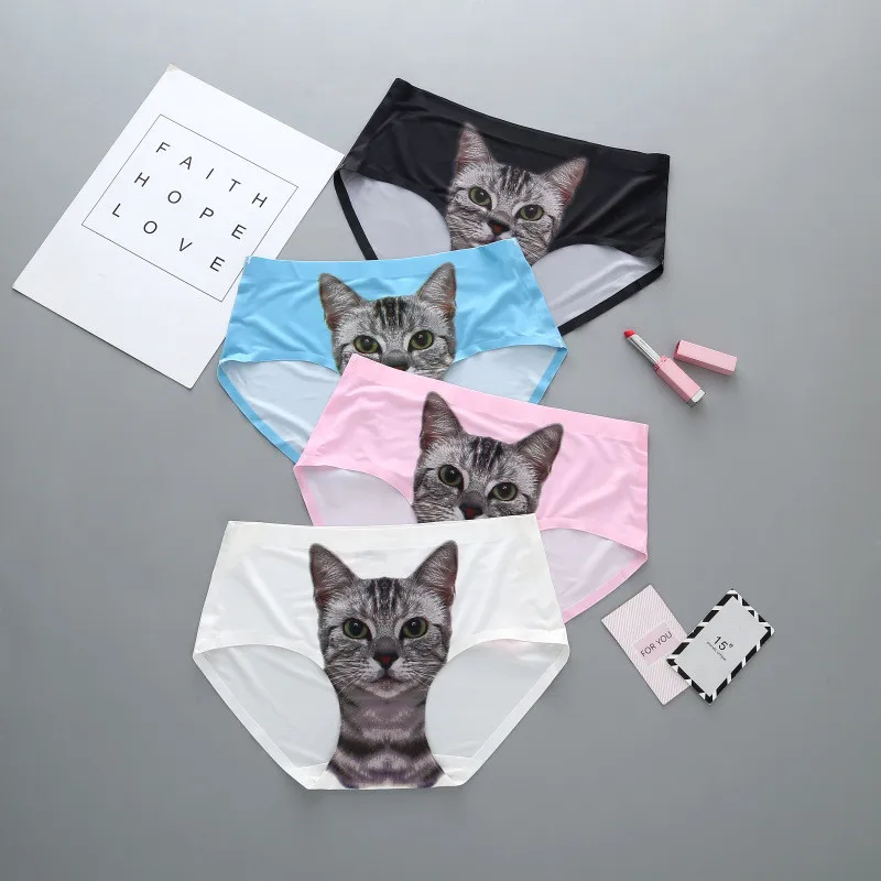 Dreamlikelin, 5 цветов, милые трусики, 3D принт с кошкой, хлопковое нижнее белье для женщин, классные дышащие трусики, бесшовные трусы