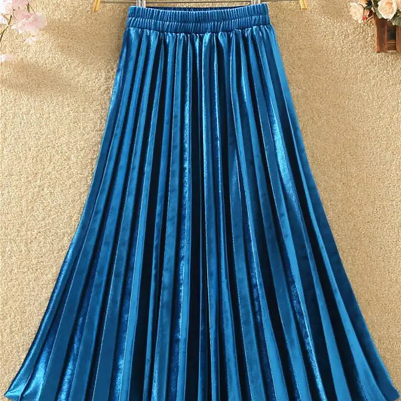 Long Skirts For Women Caual Velvet High Waist Vintage 2019 New Winter Solid A-line Pleated Skirt Petticoat Underskirt | Женская одежда