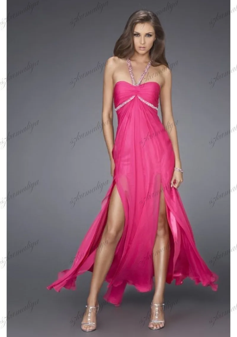 Charming A Line Beading Halter Chiffon Split Up Floor Length Customize women prom dress | Свадьбы и торжества