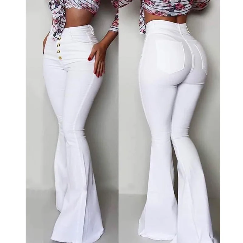 2019 Fashion Buttoned Bell-Bottom High Waist Pants Women Solid slim fit white flare pants Summer Elegant workwear patalon femme | Женская