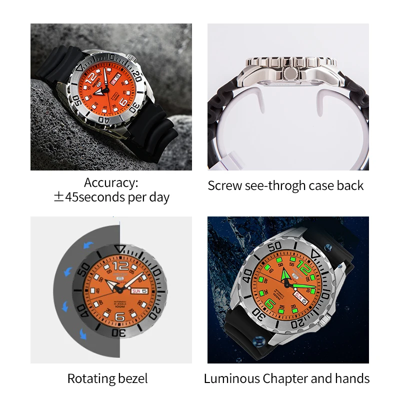 100% Оригинальные SEIKO 5 автоматические часы из нержавеющей стали 100 м Дайвинг Спорт