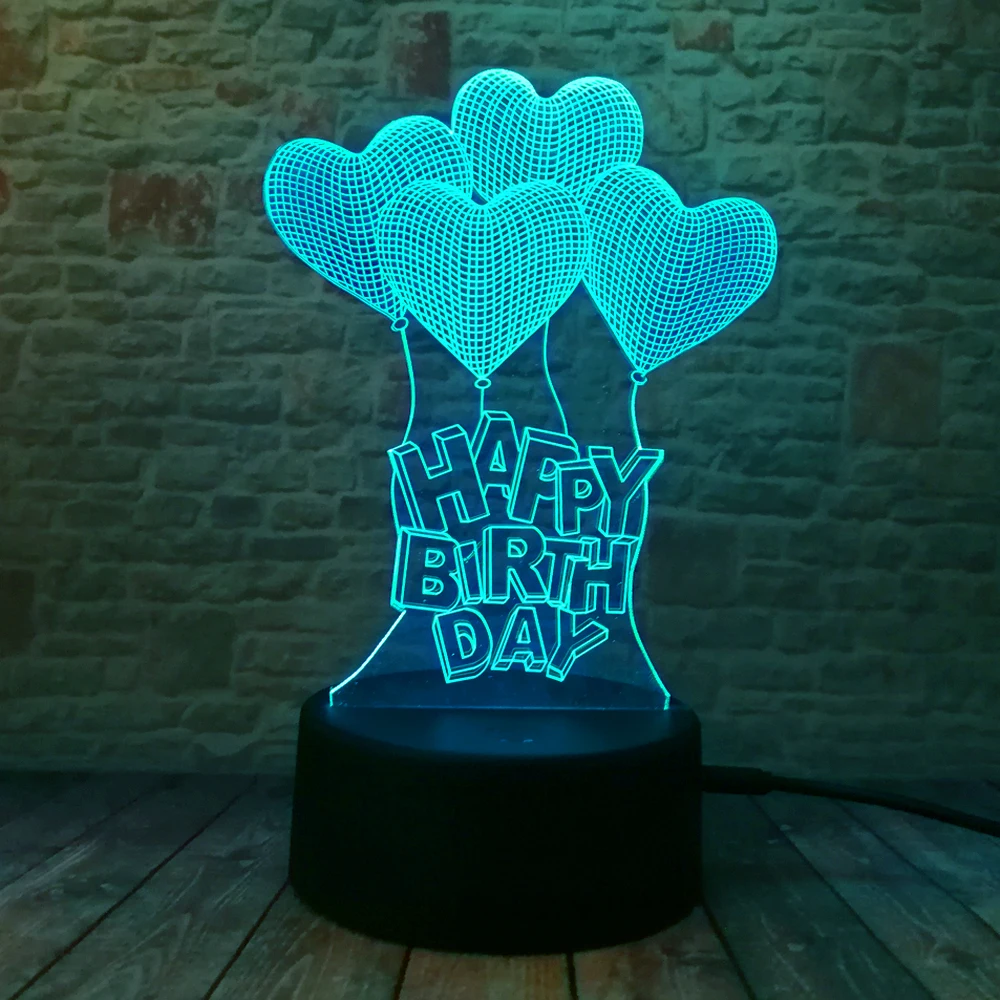 С днем рождения любовь сердце шары 3D Визуальный светодиодный RGB Ночной светильник лампа настольная Иллюзия настроение затемнение лампы 7 цветов удивительные подарки