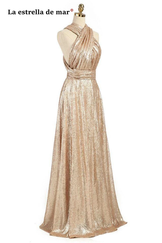 

La estrella de mar vestido madrinha casamento sale A line Sparkly Convertible Champagn Sequins Bridesmaid Dresses Long plus size