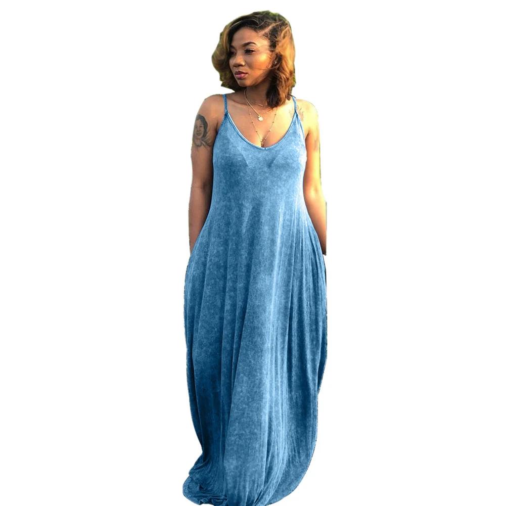 Vestidos 2018 Summer Baggy Women Boho Strap Sexy V Neck Sleeveless Dress Casual Loose Long Maxi Solid Oversize 2XL | Женская одежда