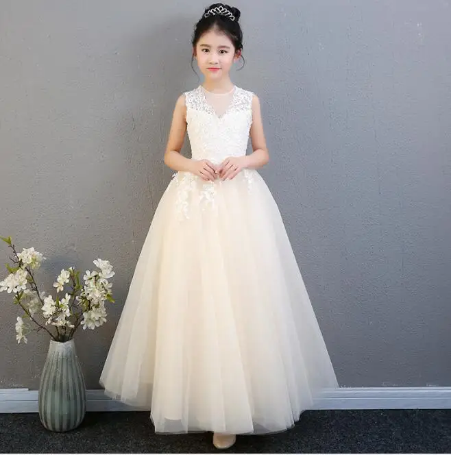 Elegant Champagne Tulle Flower Girl Dress For Weddings Lace Party Pageant Princess Gown Long Style Kids First Communion Dresses | Детская