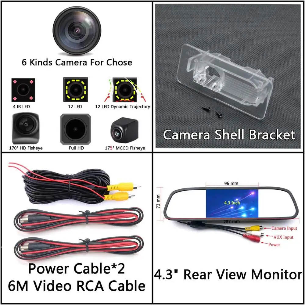 Camera 4.3 Mirror 175 градусов 1080P Fisheye MCCD звездный свет 12 светодиодный задний вид автомобиля Камера для Защитные чехлы для сидений, сшитые специально для Toyota Corolla E170 Таиланд - Название цвета: Camera 4.3 Mirror