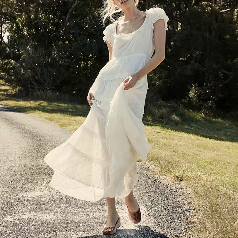 Французское белое кружевное Лоскутное Платье макси с v-образным вырезом женские