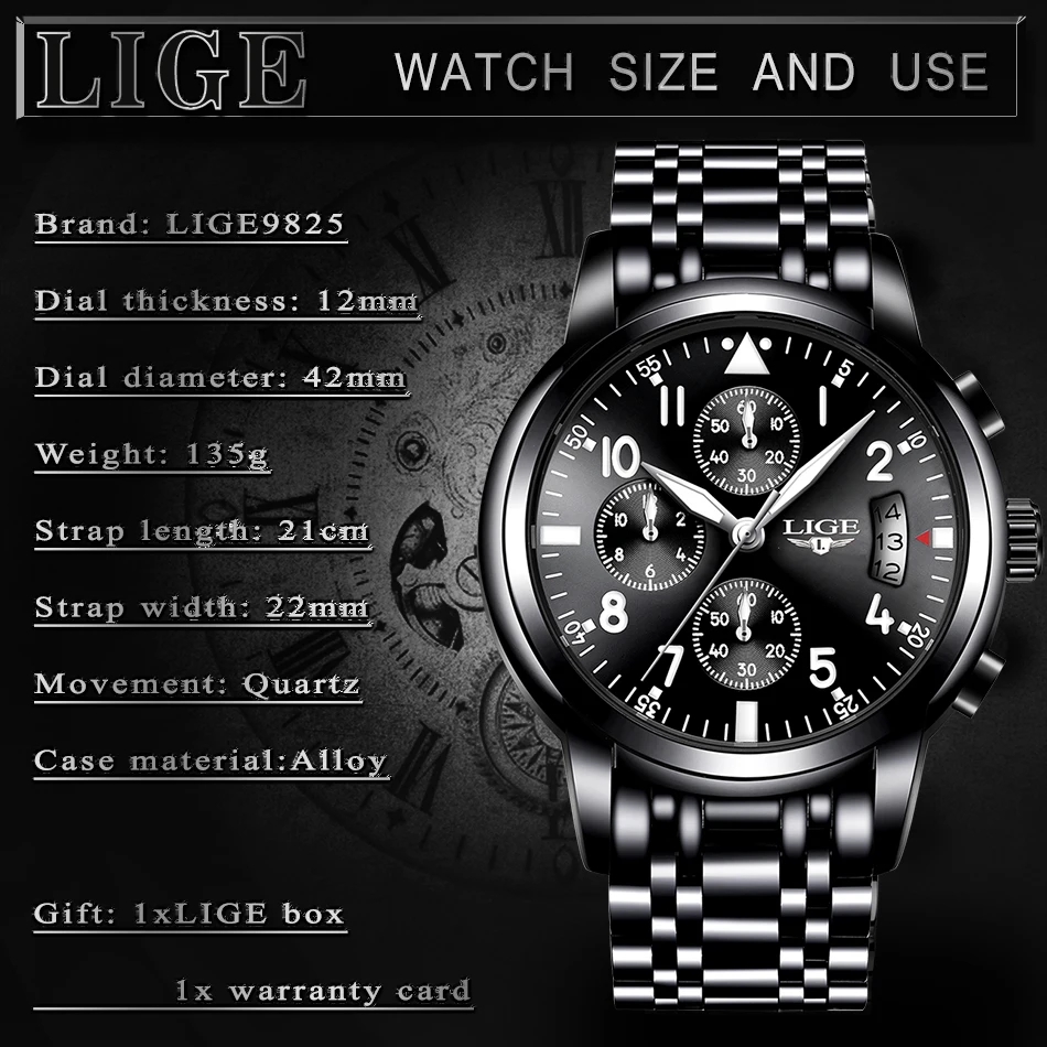 Mens Watches Top Brand Fashion Chronograph LIGE Black Quartz Watch Stainless Steel Automatic Date Watch Relogio Masculino