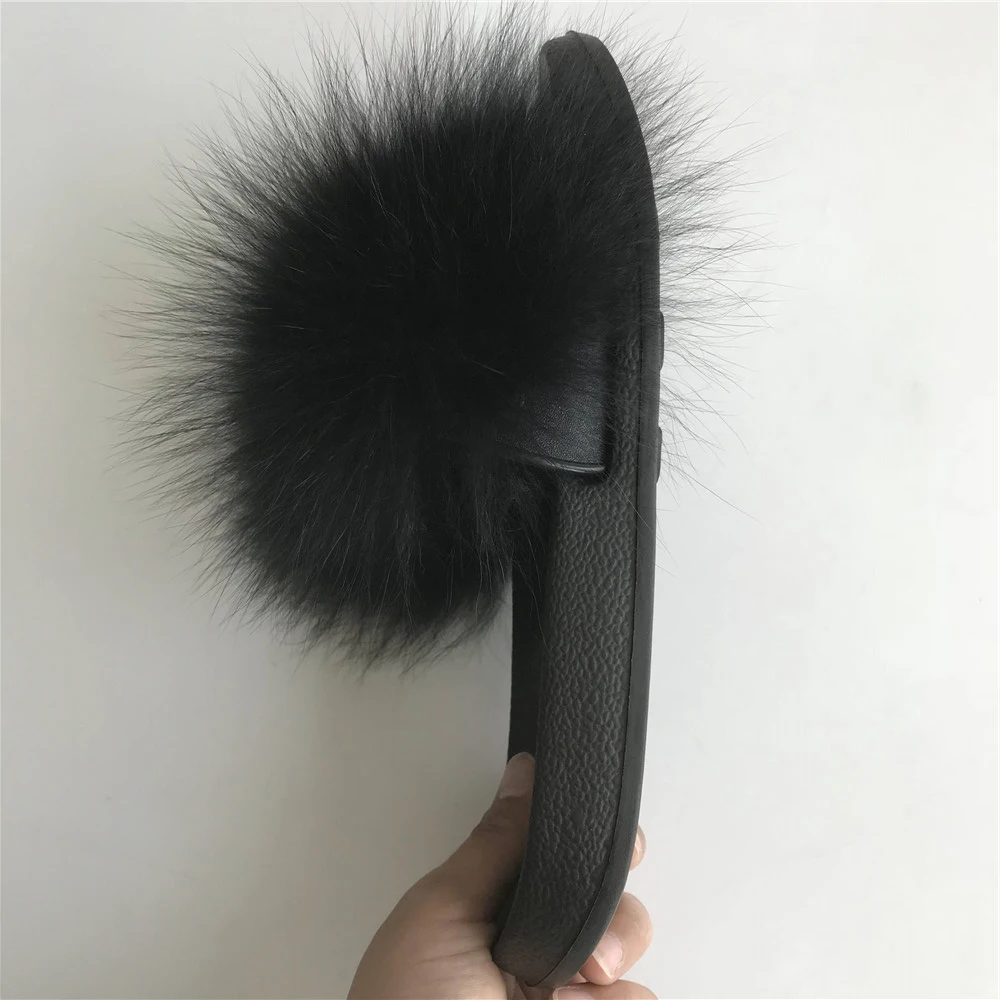 100% натуральный мех лисы шлепанцы на меху цвет черный пушистый модные домашние
