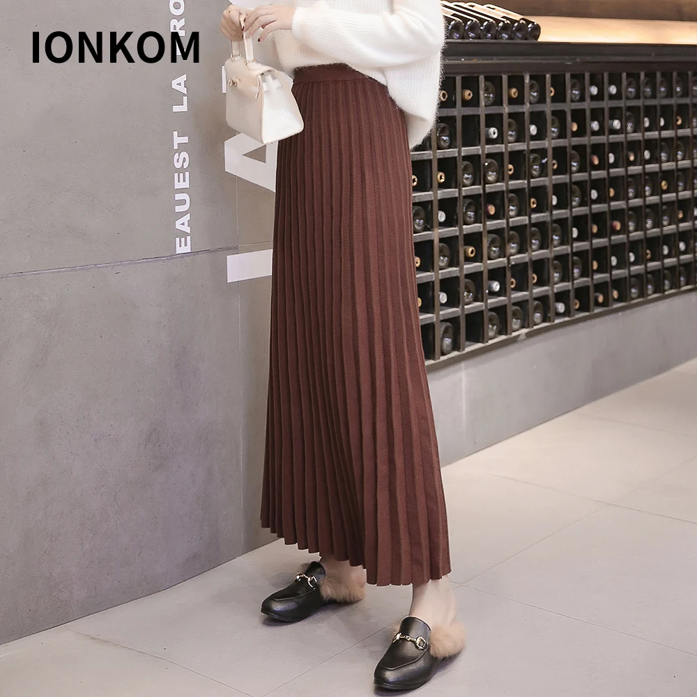 IONKOM элегантная Офисная Женская Длинная трикотажная юбка простая эластичная высокая талия Свинг плиссированные женские осенние зимние повседневные юбки