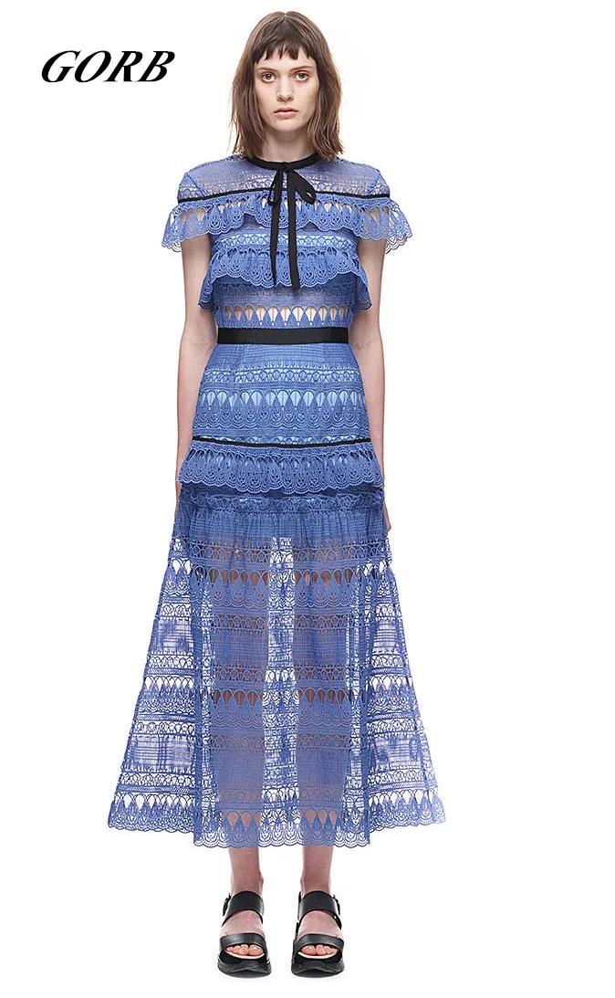 GORB высокого класса на заказ Голубое Кружевное женское подиумное платье модные