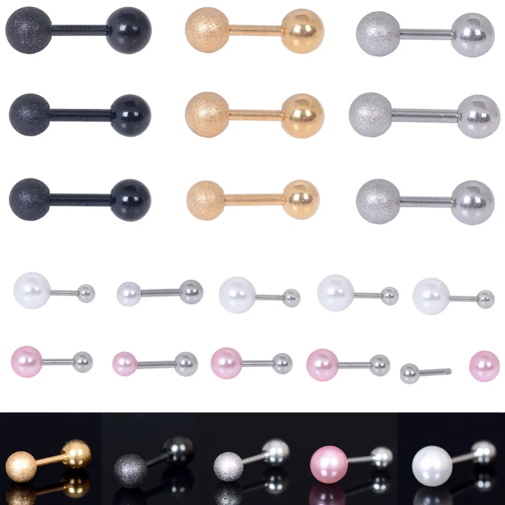 

Double Ball Screws Ear Cartilage Nails Tongue Ring Male Stainless Steel Pearl Earring Lip Navel Studs Barbell Piercing Jewelry