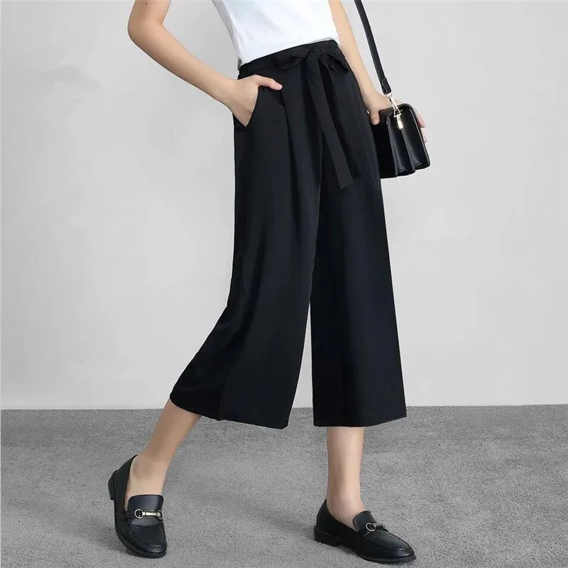 

Summer Cool Sweet Sashed Trousers Chiffon 2022 Casual Loose Straight Slimming Elastic Oversized Pants Girls Women