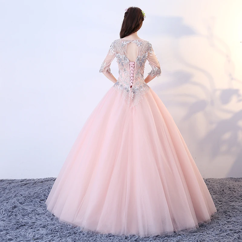 Розовое Бальное Платье с коротким рукавом и аппликацией из бисера Vestido Debutante с длинным рукавом 16 платьев Vestidos De 15