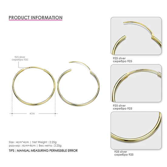 40mm Gold CC Твердые 925 серебряные серьги-кольца для женщин 15 мм-70 мм круглые классические большие офисные серьги простые ювелирные изделия CCE529 - Окраска металла: 40mm Gold