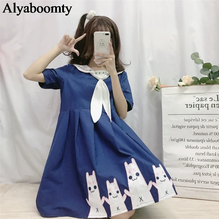 2019 японский консервативный стиль Kawaii летнее платье белый темно синий милые кошки