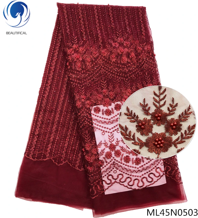 ML45N0503 BEAUTIFICAL французская красная кружевная ткань африканская вышивка кружевная ткань вышитая бисером кружевная ткань 5 ярдов/партия дешевая онлайн ML45N05 - Цвет: ML45N0503