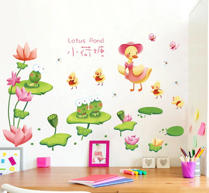 Наклейки на стену с зеленым прудом маленькие утки животные декор для детской
