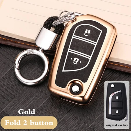 Fold 2 button gold Чехол для ключей для Toyota CHR Auris Corolla Camry Prado Fortuner RAV4 Avensis Verso Yaris Aygo Scion TC IM Hilux - Название цвета: Fold 2 button gold