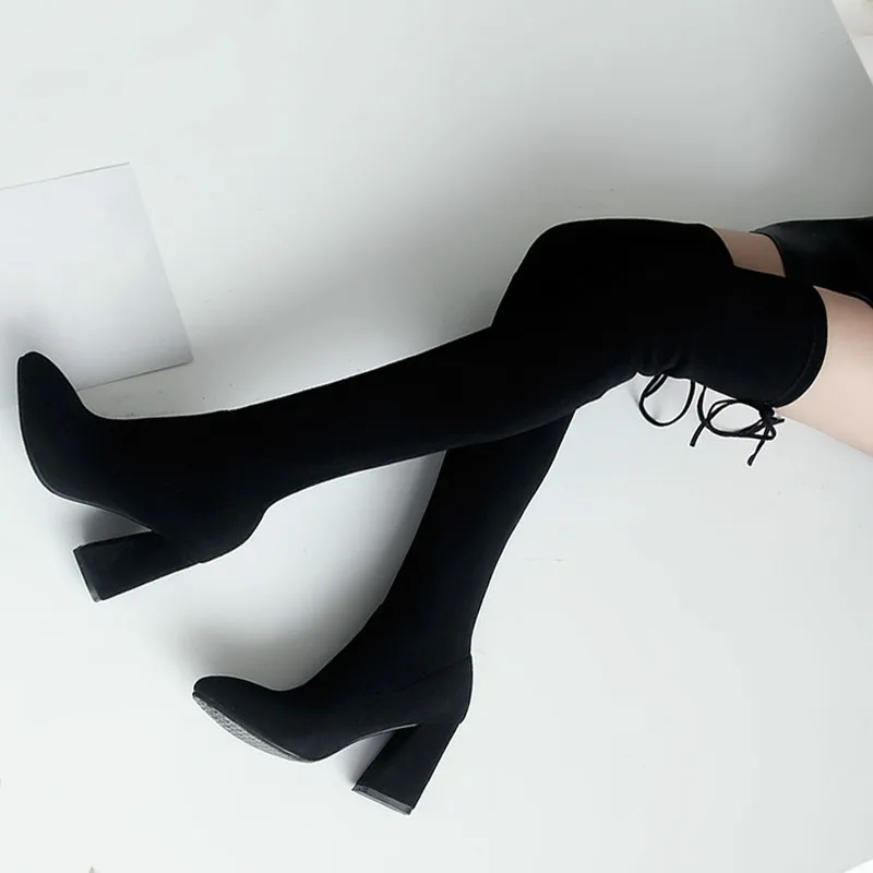 2018 г. Зимние сапоги высокие выше колена эластичные на высоком каблуке до бедра|boots