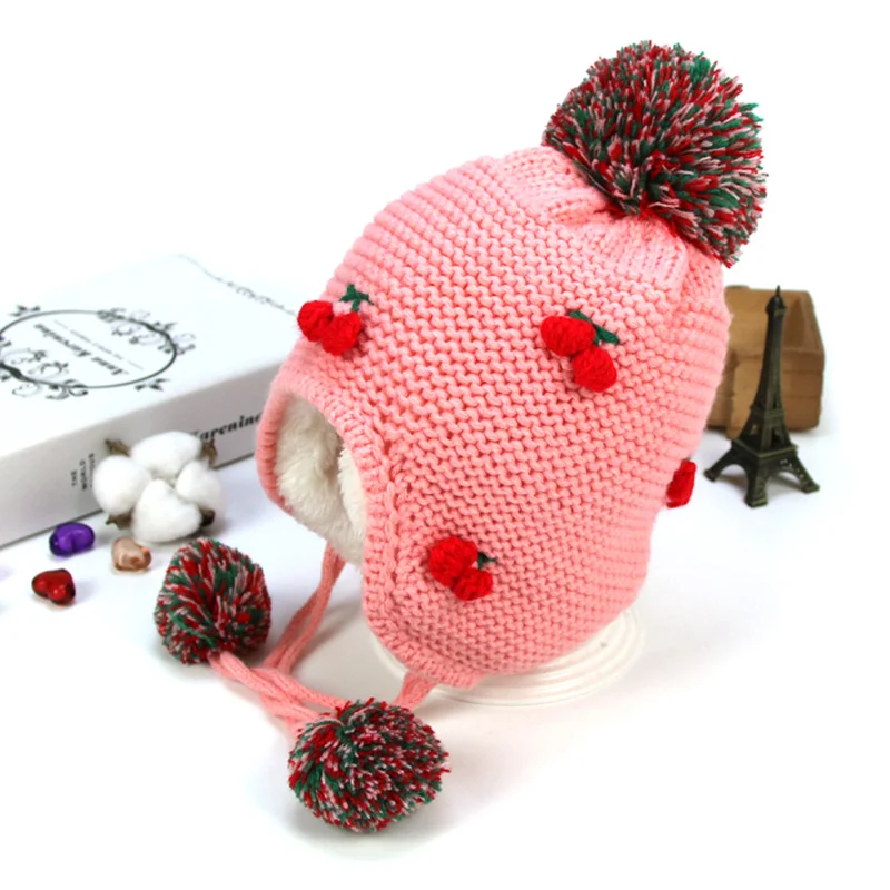 Cheery Knit Baby Hat Warm Velvet Winter For Girls Ear Protect Lace Up Beanie Pompom Cute Toddler Girl Clothing | Детская одежда и