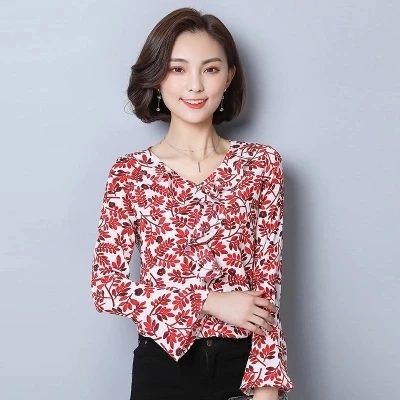 2017 Осень Женская туника блузки с длинным рукавом цветочный принт шифоновая