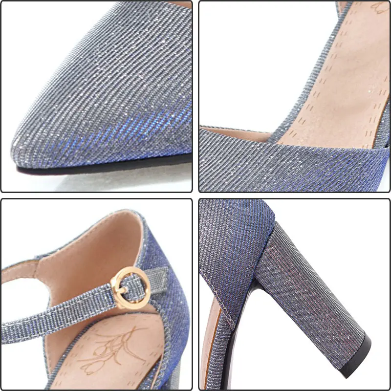 

Fanyuan Fashion Sequined Cloth Buckle Strap Sandals Casual Pointed toe High Heels Women Shoes summer Ankle-Wrap Shoes