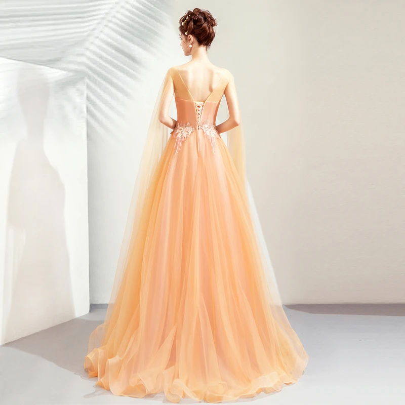 Женское вечернее платье SSYFashion Золотое с кружевной вышивкой и шлейфом 2019 | Свадьбы