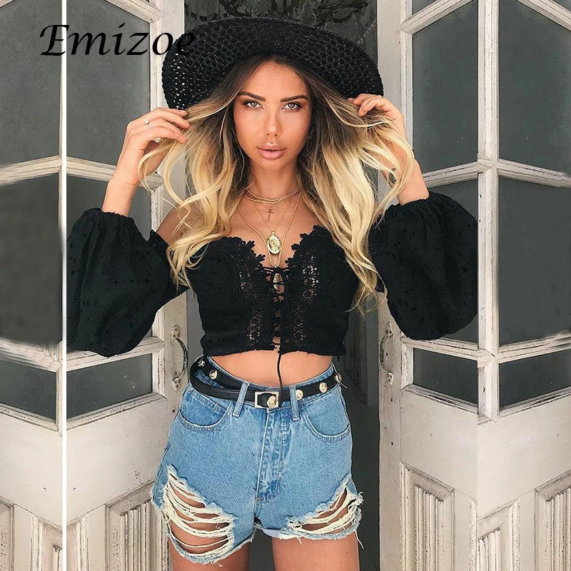 Emizoe 2018 летние сексуальные кружевные женские блузки рубашки со шнуровкой