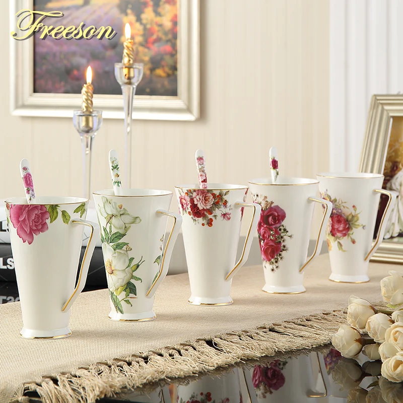 Taza de café Vintage de porcelana China con cuchara, taza de té de porcelana Floral, vaso de cerámica europeo, vasos de fiesta