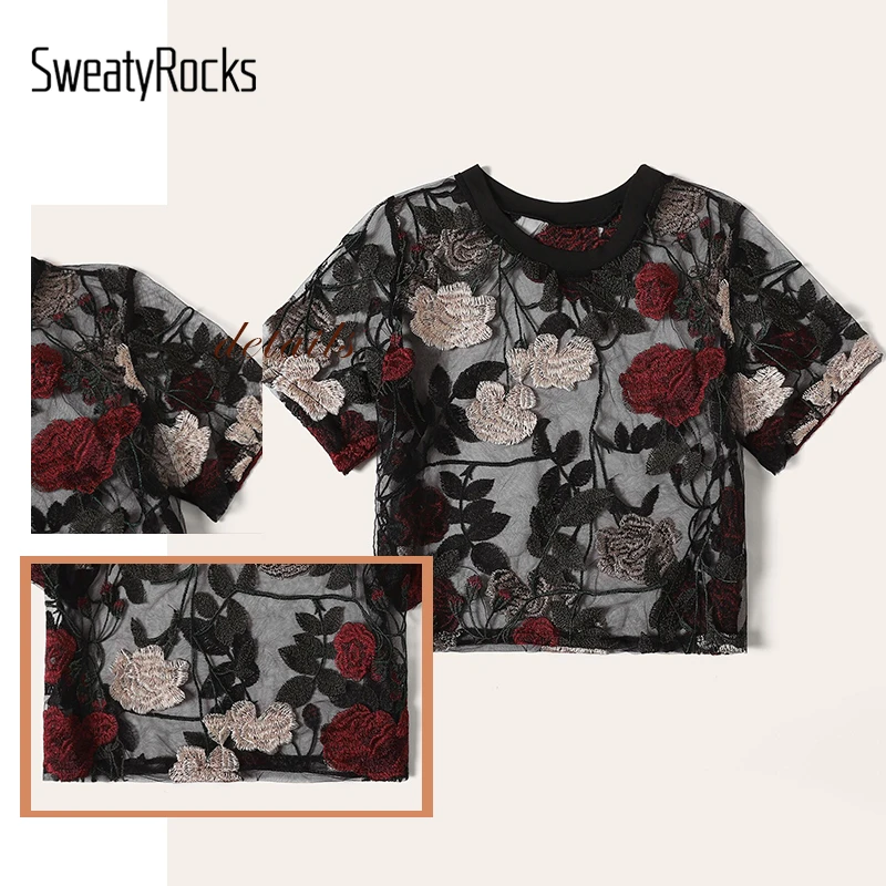 SweatyRocks, блузка с цветочной вышивкой, короткий рукав, Круглый ворот, уличная одежда, сексуальные топы, модные летние повседневные блузки
