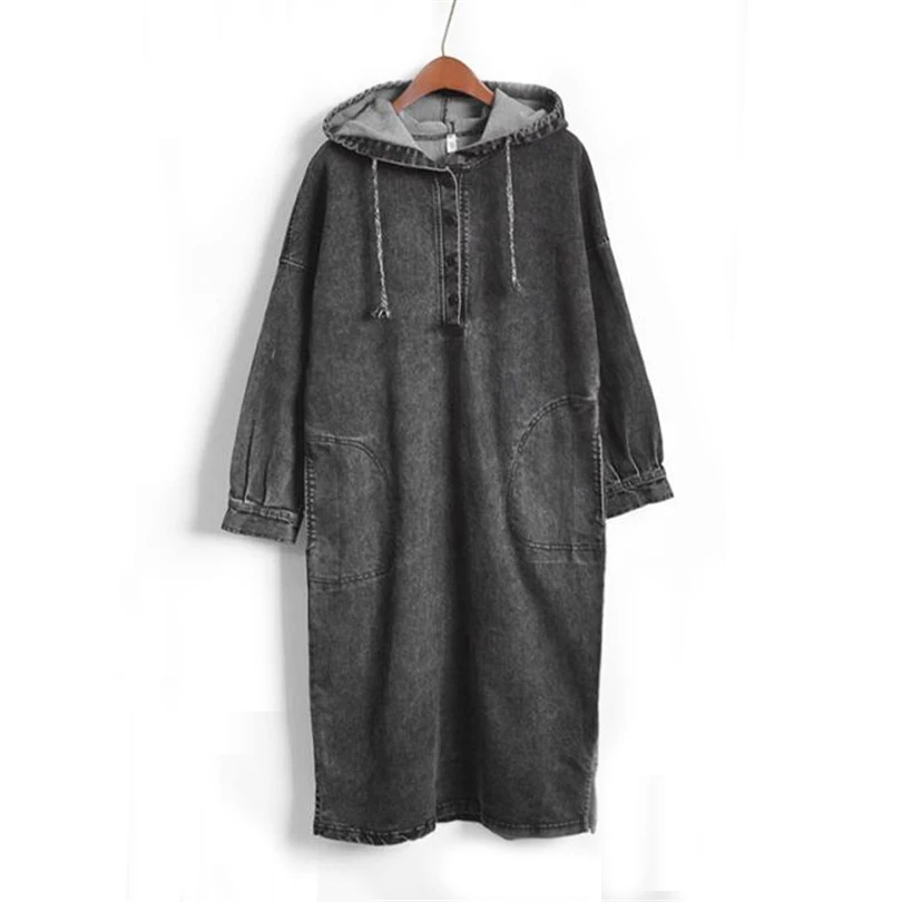 Женское джинсовое платье с капюшоном Длинное свободное Повседневное из денима