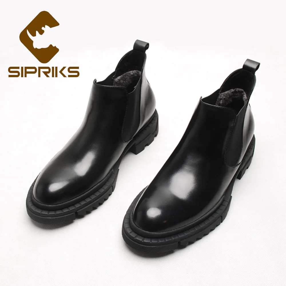 Sipriks мужские черные кожаные ботинки челси с коротким плюшем зимние сохраняющие