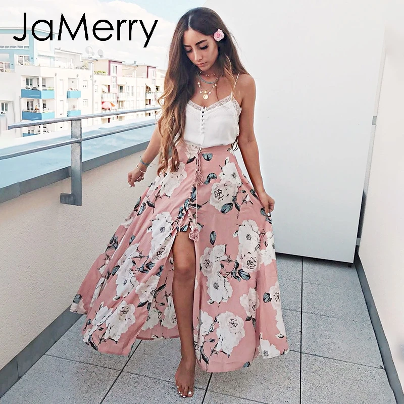 JaMerry Boho Сексуальная Цветочная длинная юбка с принтом женская кнопка пояс пляжная