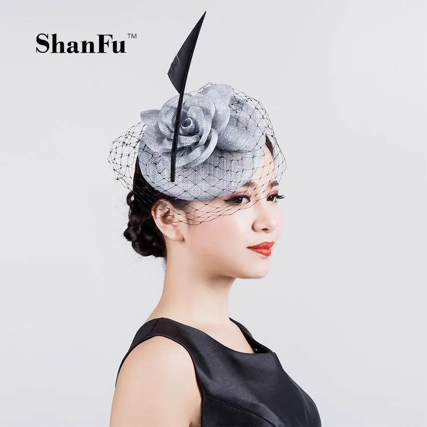 

ShanFu Vintage Lady Sinamay Sagittate Feather Fascinator with Headband Leading yarn for Party Hats SFC12590