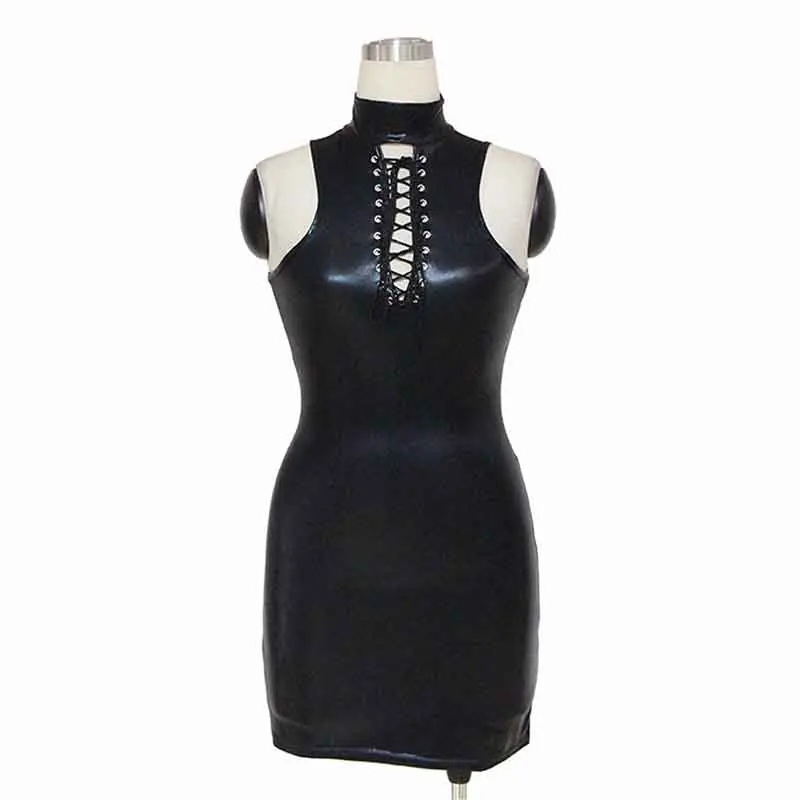 

Summer Dresses For Women Sleeveless Mini Bodycon Club Party Dresses Sexy Faux Leather Dress Turtleneck Roupas Femininas