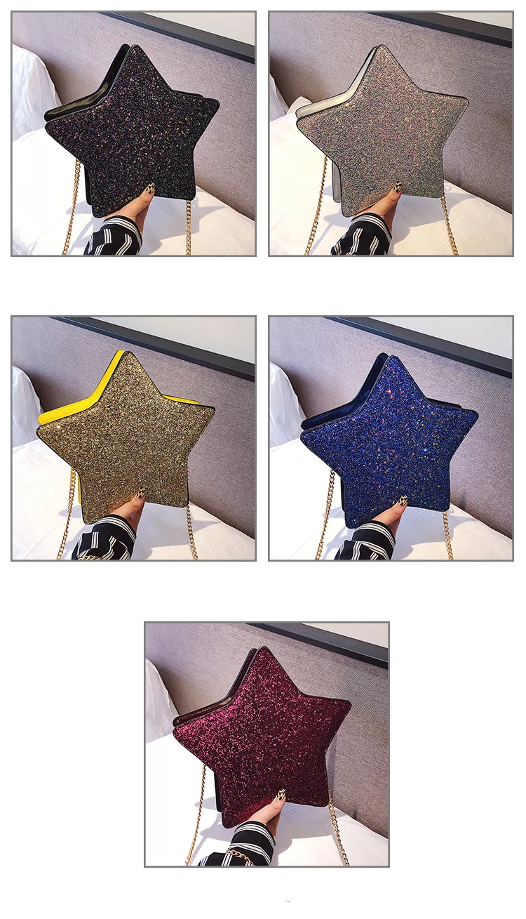 Sequins Stars Style Pu Leather Fashion Casual Ladies Chain Purse Shoulder Bag Tote Crossbody Mini Bag Female Bolsa Handbag Flap