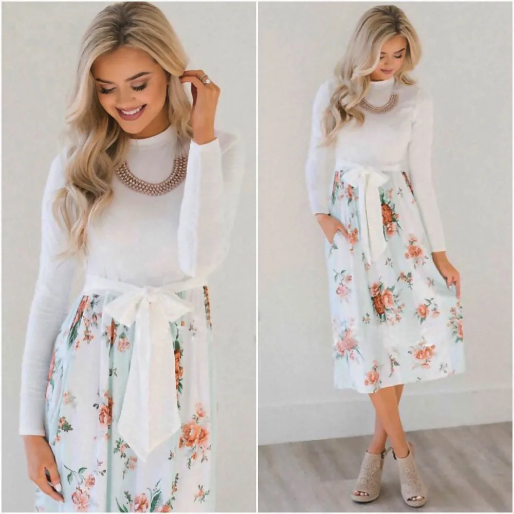 Flowers Print O-Neck Casual Dress Elegant Party Lady Dresses Vestidos Long Sleeve Maxi Pockets Bandage pockets | Женская одежда