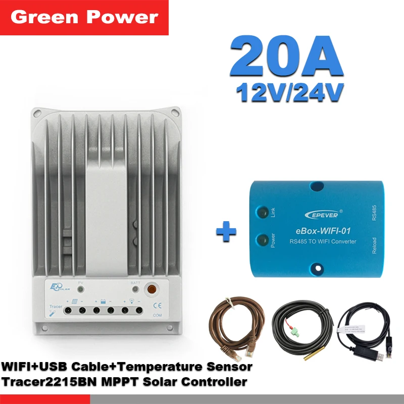Контроллер солнечной батареи Tracer2215BN 20A 12 В/24 150 в MPPT Wi Fi eBOX кабель связи USB и датчик