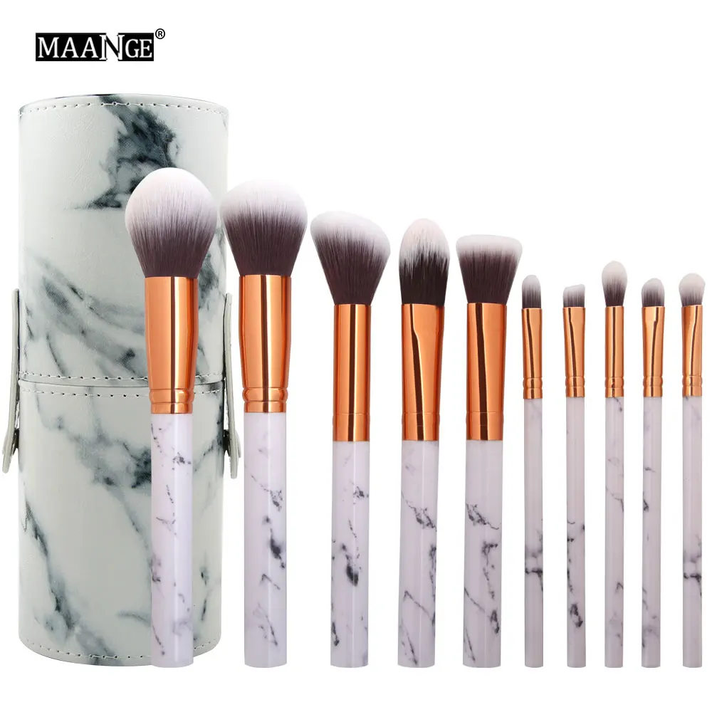 brush and case 10 шт./компл. Pro мрамор набор кистей для макияжа Мрамор узор цилиндр ПУ кисти сумка Мощность Красота макияж кисть, косметические инструменты - Handle Color: brush and case