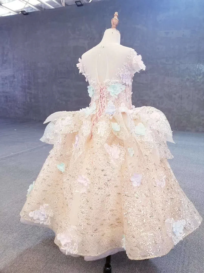 HTL0546 платье с цветочным узором для девочек баской и круглым вырезом кружевной