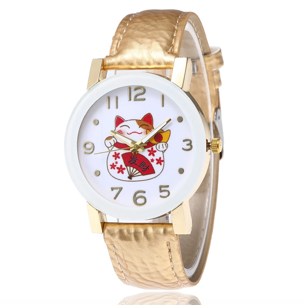 Хаки Chinese Style Women Watches Cute Cartoon Lucky Cat Pattern Leather Strap Wrist Watches for Women Quartz Watch Relojes Para Mujer - Цвет: Хаки