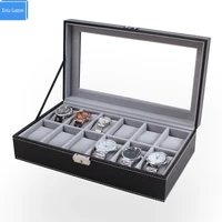luxury senior black leather 12 menswomens watch box large glass top display jewelry case organizer china supplier drop shipping