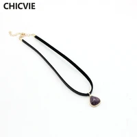 chicvie 2018 women jewelry black short leather cord accessories drop shape natural stone charm pendant chain necklaces sne170057